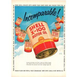 1950 Shell X-100 Motor Oil Can Floating in Clouds Vintage Print Ad 50s Wall Art